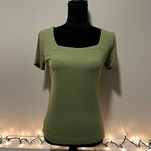 Olive green square neck, fitted short sleeve top, everyday wear